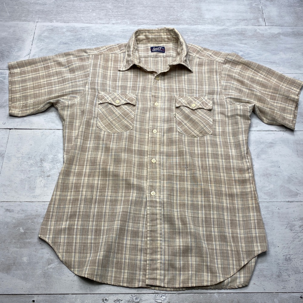 Levis Plaid Button Down Shirt Mens XL Tan Blue Short Sleeve Regular Fit Pocket